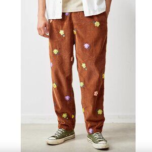 Urban Outfitters Brown Floral Embroidered Corduroy Trousers Brown